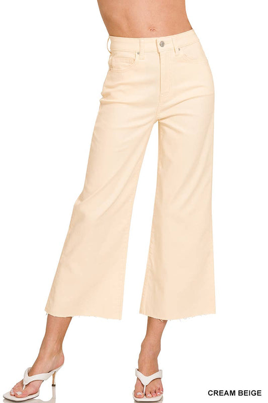 High Rise Flare Cropped Color Denim Pants - CREAMBEIGE