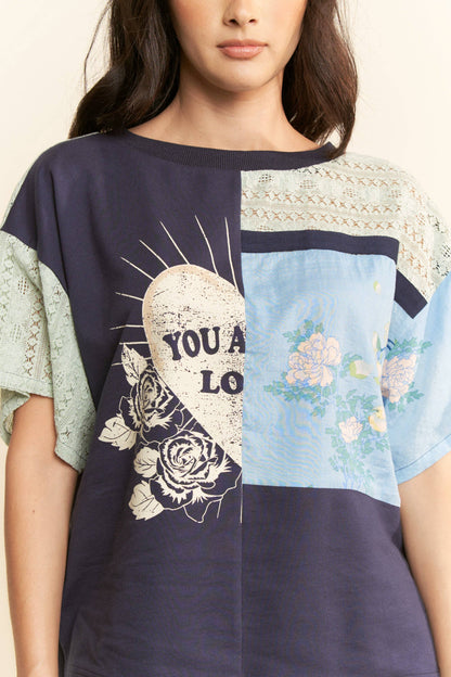 Plus Patchwork Multi Bodice Short Sleeve Top - Navy