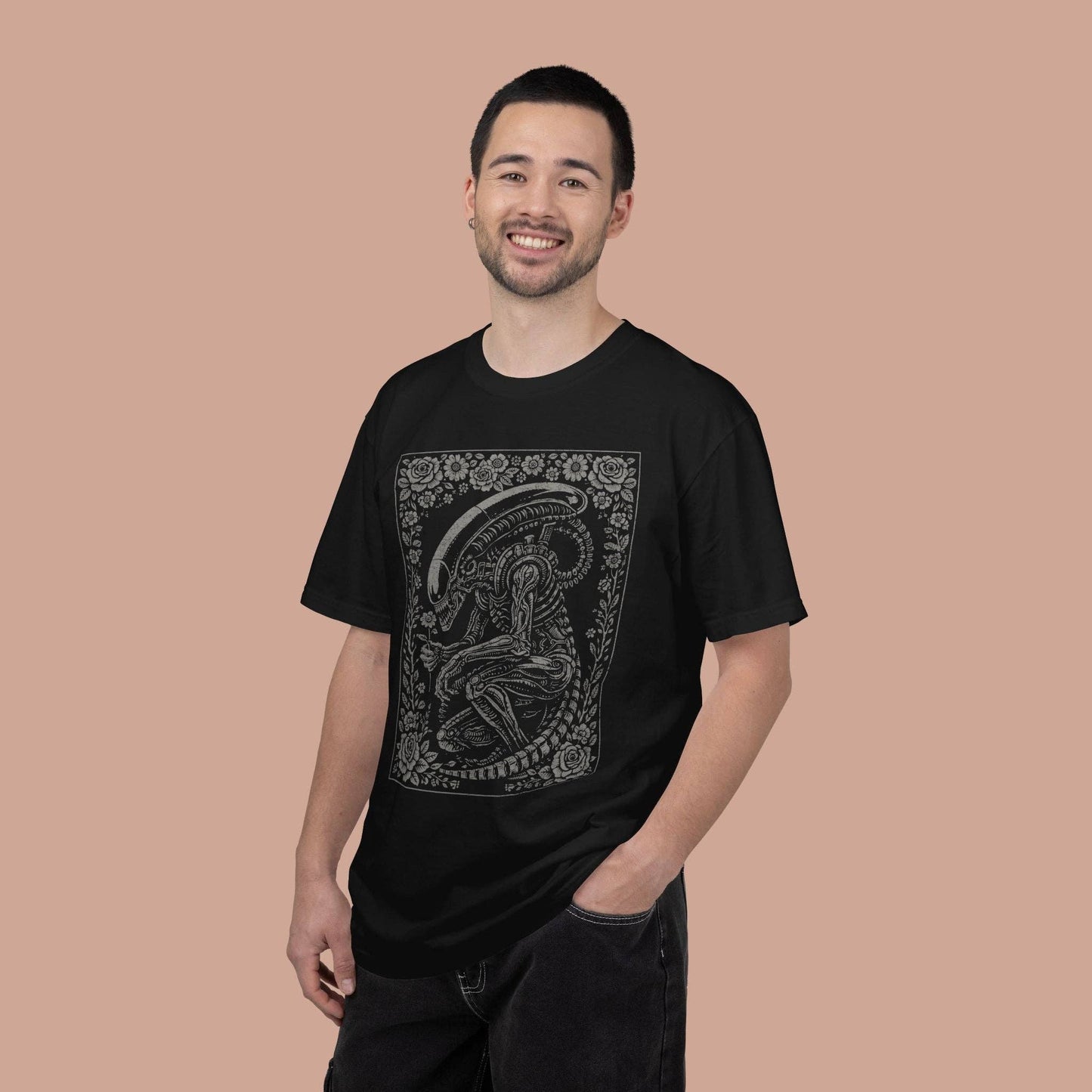 Alien Xenomorph Illustration T-shirt | Vintage Floral Frame