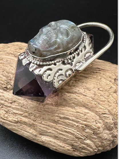 Double point amethyst pendant, labradorite skull, handcrafted