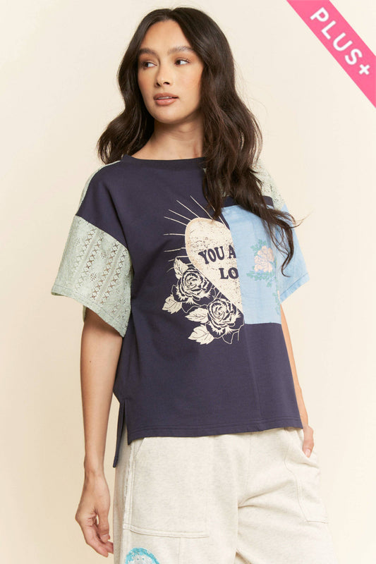 Plus Patchwork Multi Bodice Short Sleeve Top - Navy