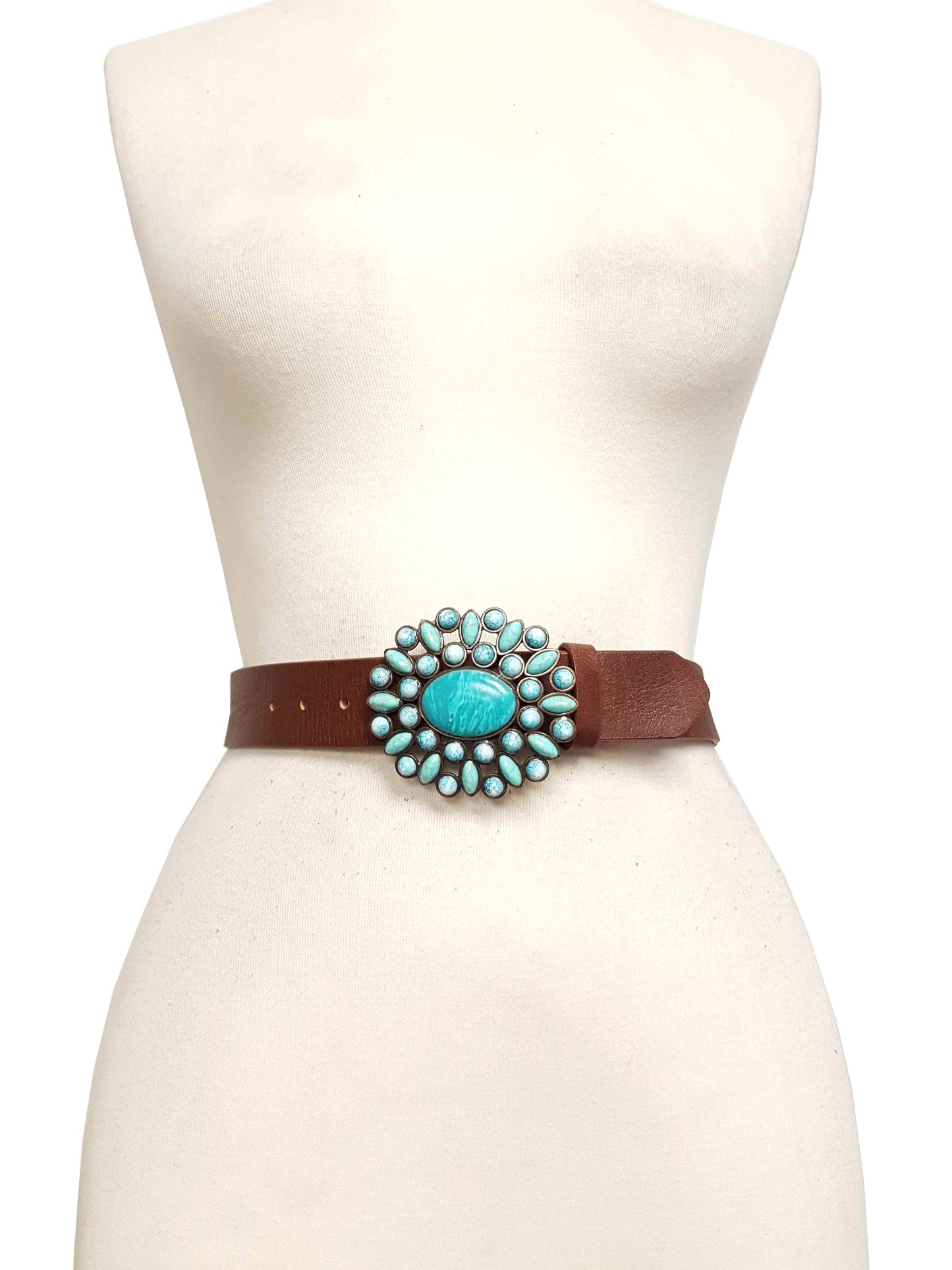 Genuine leather belt w. Western Turquoise Floral Buckle - Black / 32