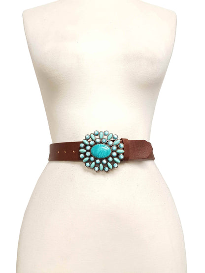 Genuine leather belt w. Western Turquoise Floral Buckle - Black / 32