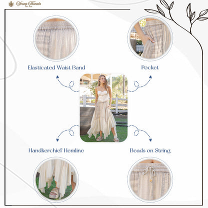 Boho Mixed Panel Drawstring Handkerchief Skirt - Latte
