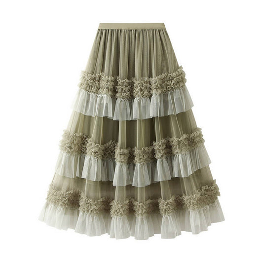 Fashion Flowy Tulle Tiered Dance Midi Skirt - Green
