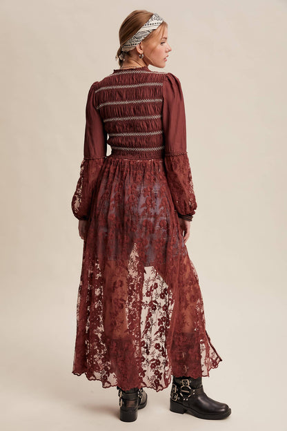 Lace-Up Embroidered Maxi Kimono - Wine