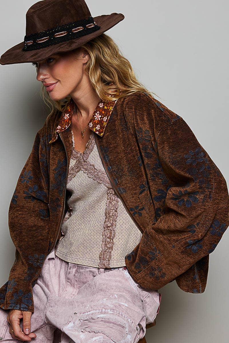Floral Print Collared Long Sleeve Back Yoke Zip-Up Jacket - RUSTIC MOCHA