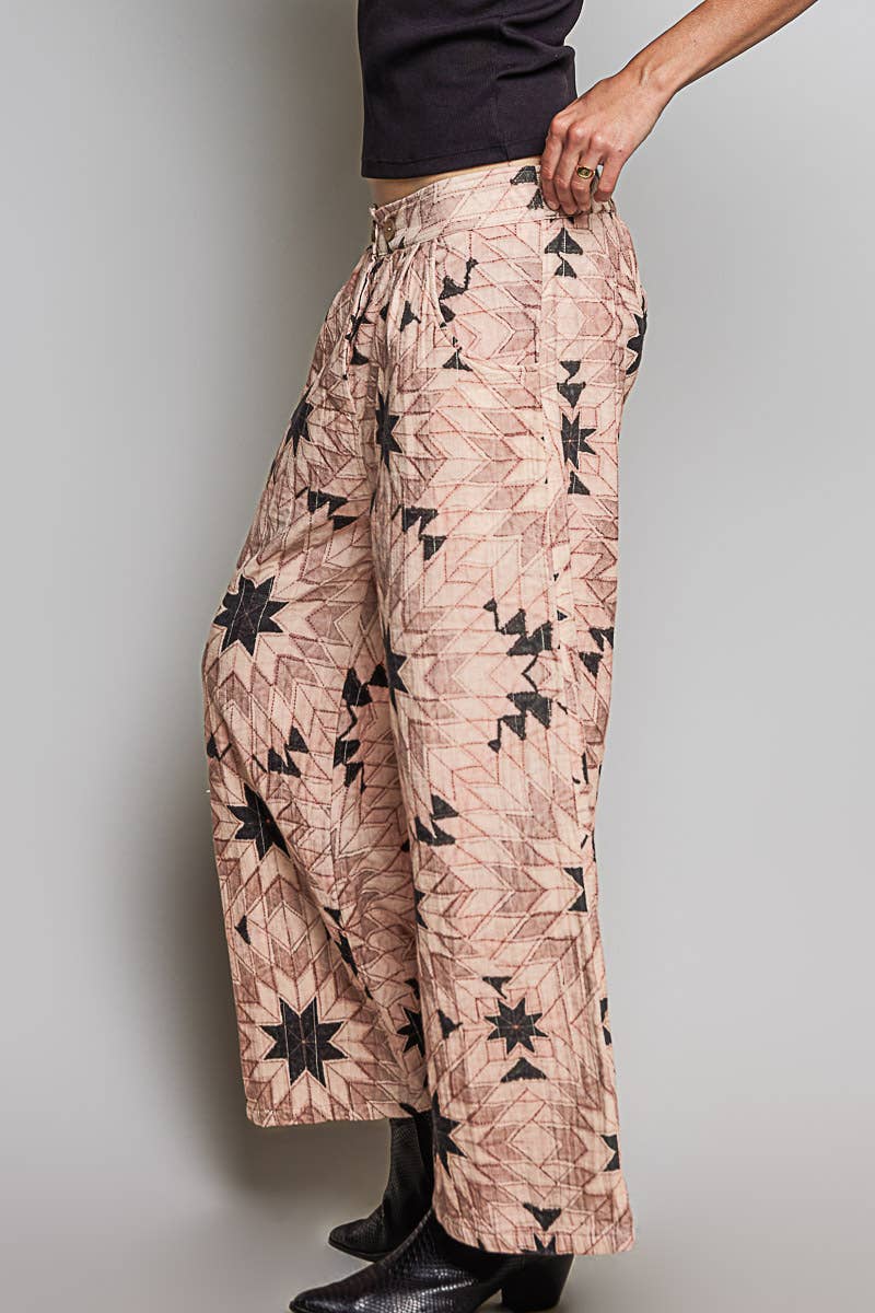 Elasticized Back Waistband Geometric Star Wide Leg Pants