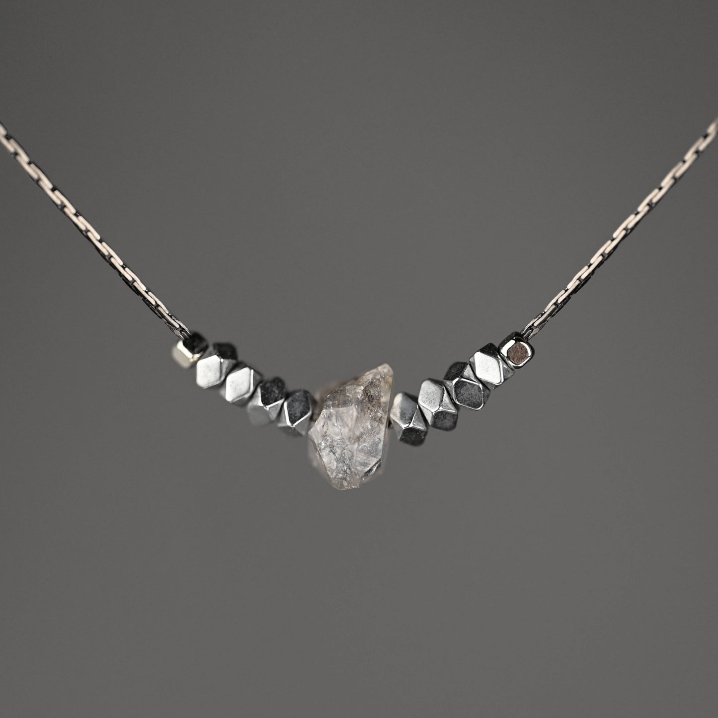 Herkimer Diamond and Hematite Diamond Cut Beaded Necklace