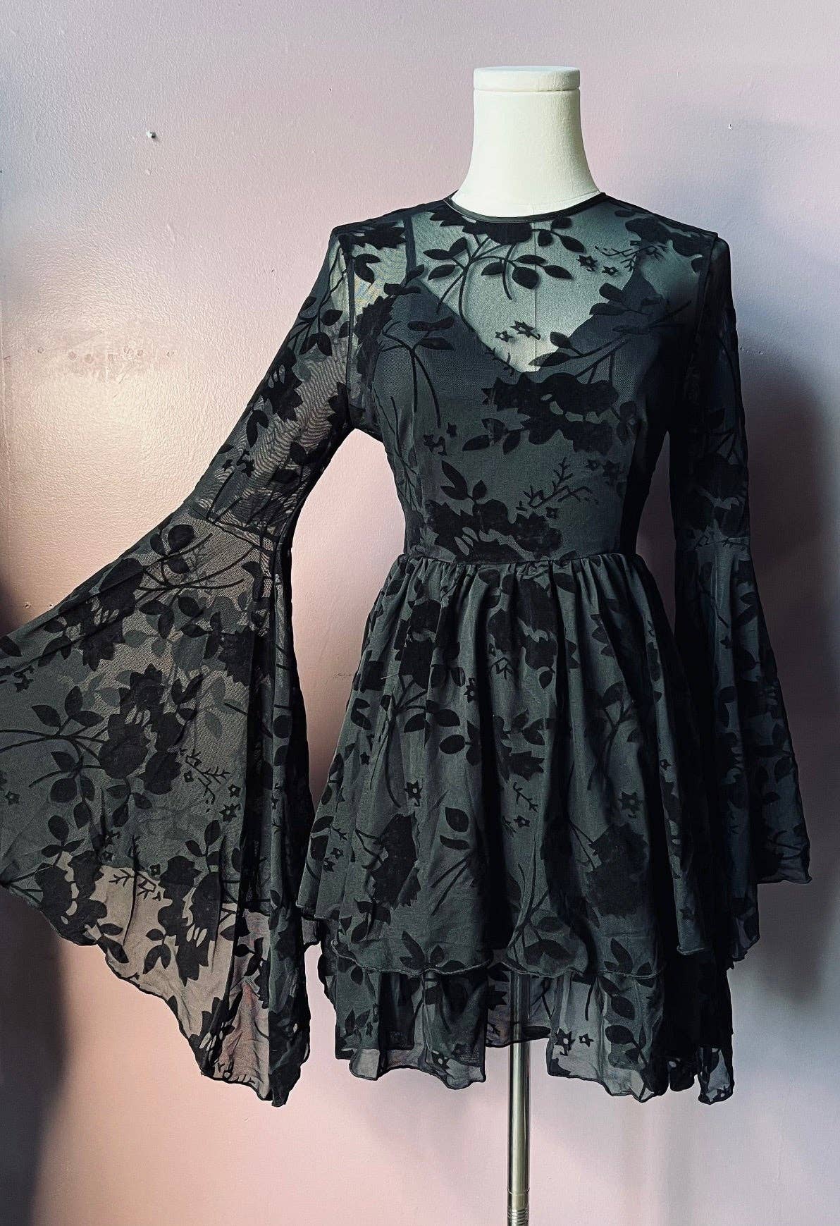 MELANTHA - Velvet GOTHIC FLORAL Flocked Mini Dress