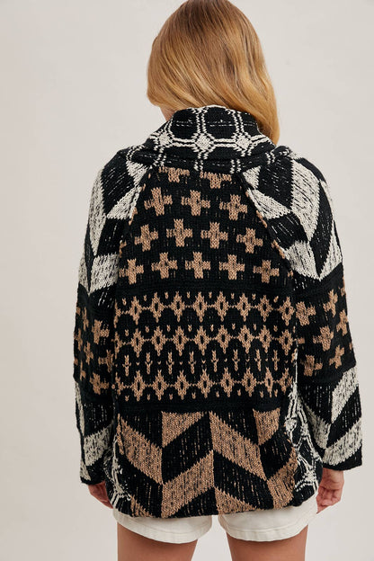 Button Down Knit Sweater Cardigan - Black/Brown