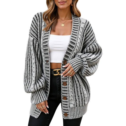 Striped Knit Cardigan with Button Front - Gray