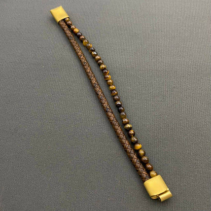 Men's Tiger Eye Stone Leather Double Layer Bracelet - MJ/BC