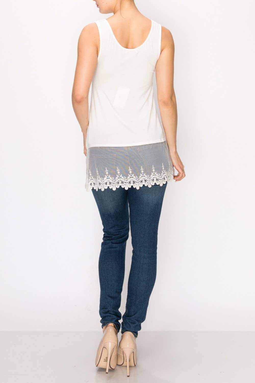 Soft Relaxed Tank With Delicate Floral Laced Hem - Ivory