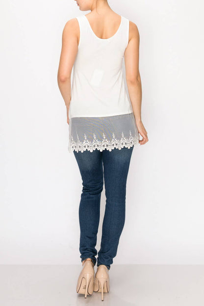 Soft Relaxed Tank With Delicate Floral Laced Hem - Ivory