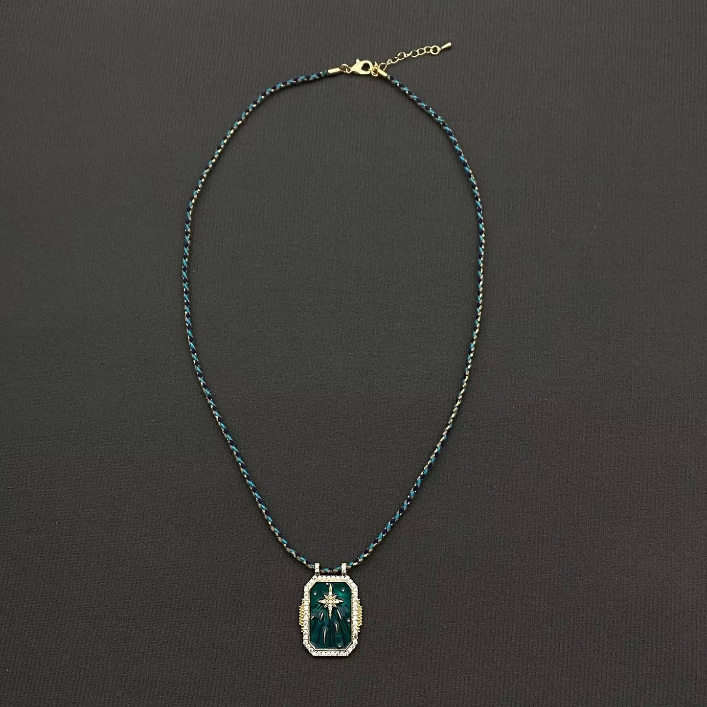 Enamel Rhinestone Star Square Cahrm Braided Rope Necklace