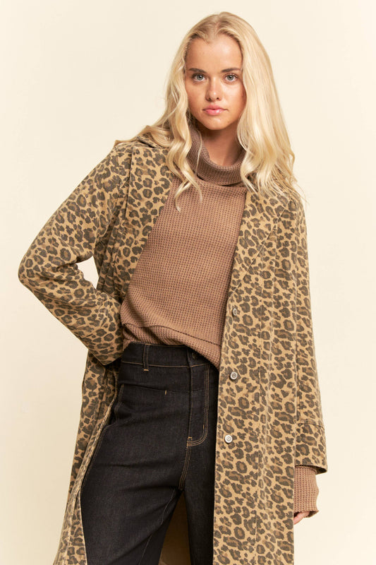 PLUS SIZE WASHED LAPEL DUSTER JACKET - TAUPE LEOPARD