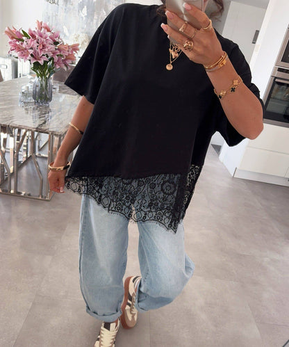 Lace Trim Relaxed Fit Crew Neck Top