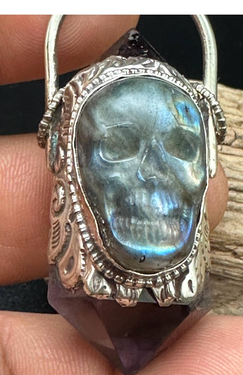 Double point amethyst pendant, labradorite skull, handcrafted