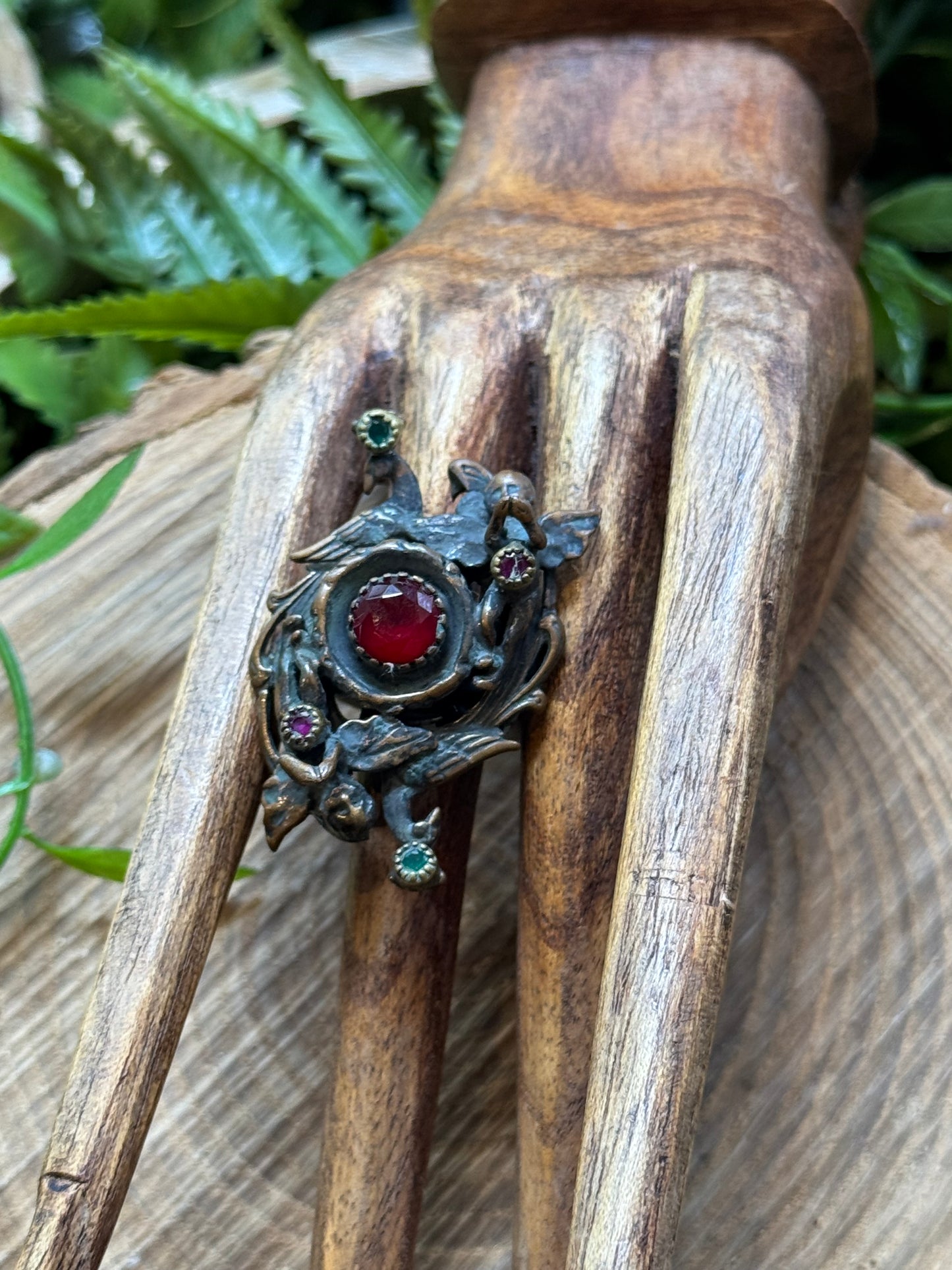 Peacock & Cherub Ruby / Emerald Ring