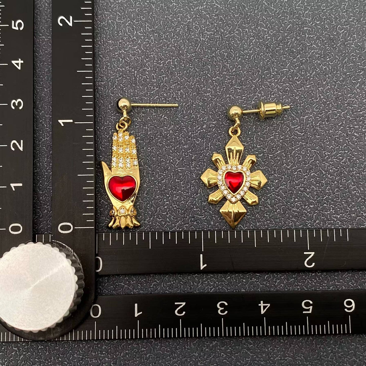 Red Heart Asymmetric Palm Sunlight 14K Gold Plated Earrings