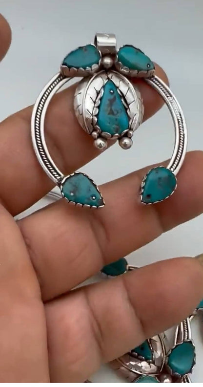 Squash blossom sterling silver necklace pendant ,handcrafted - natural turquoise