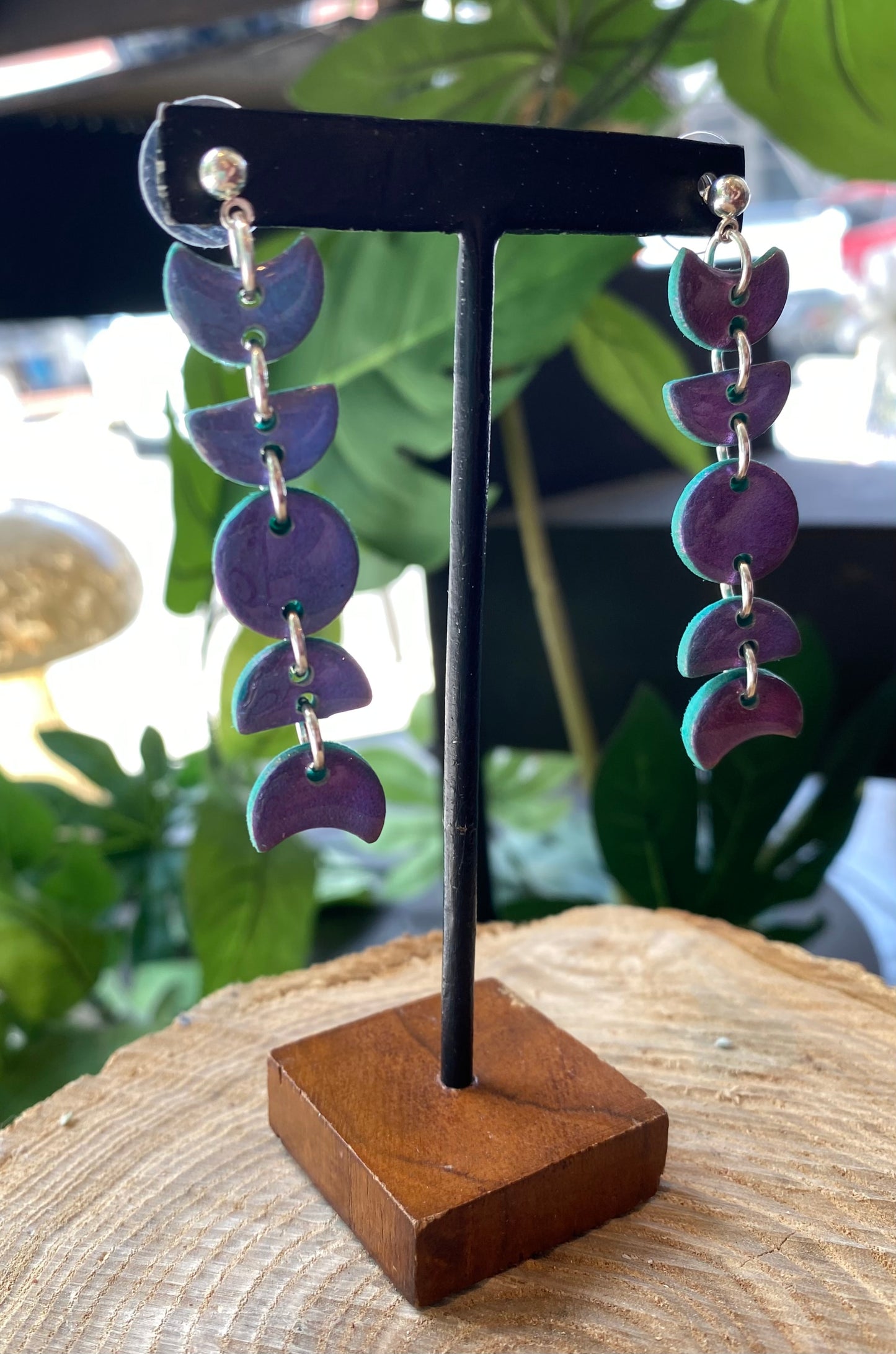 Small Moon Phase Dangles - Green/Purple Iridescent *E08