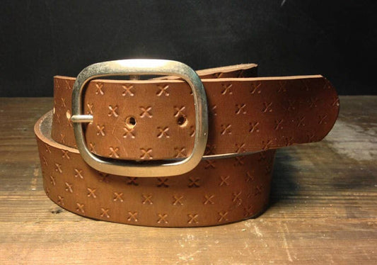 Leather Belt Embossed X Leather Snap Belt - Antique Brass