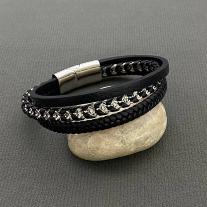 Men's Stainless Steel & Leather Woven Bracelet