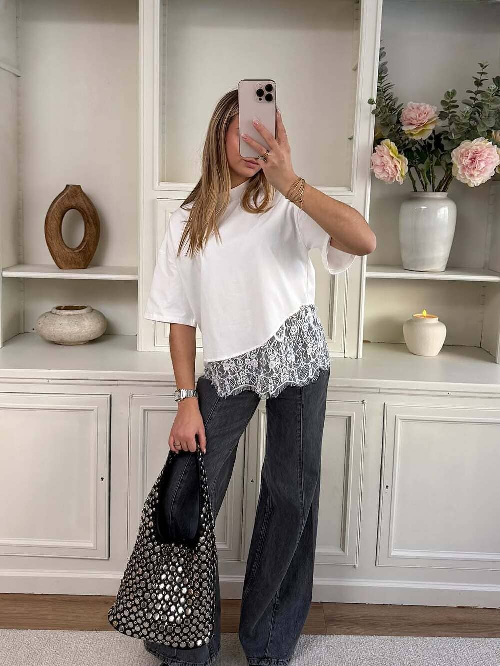 Lace Trim Relaxed Fit Crew Neck Top