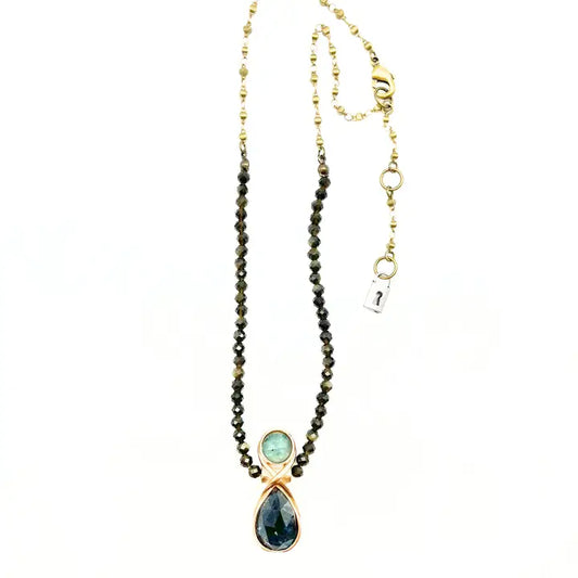 Stacked Aqua & Teal Kyanite with Golden Sheen Obsidian Necklace