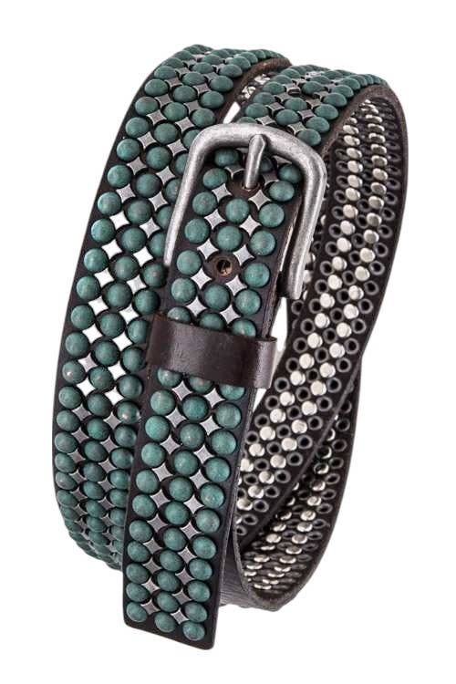 Distress Studed Leather Belt - Brown / Large