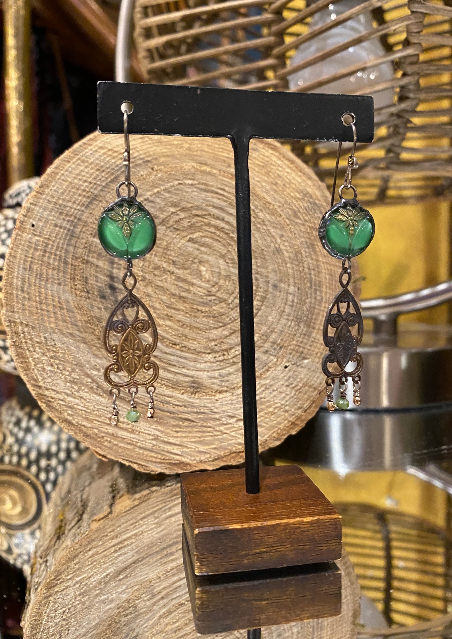 Vintage Green Deco Glass Earrings