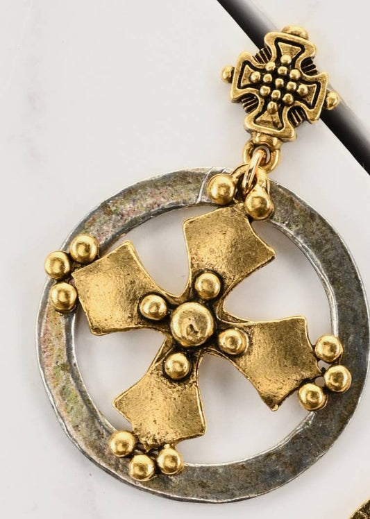 Earring featuring Coptic Cross inside Hammered Circle - Gold