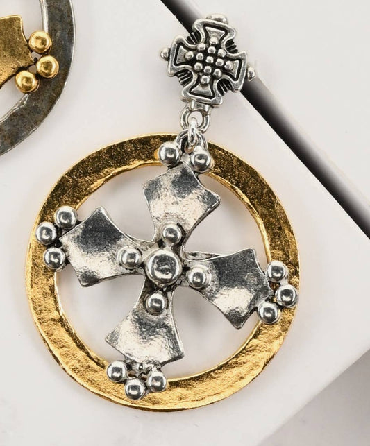 Earring featuring Coptic Cross inside Hammered Circle - Silver
