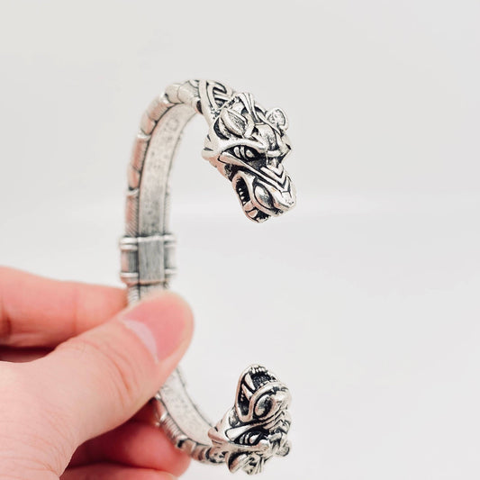 Double Head of Dragon Bangle Men's Bracelet - Ancient silver