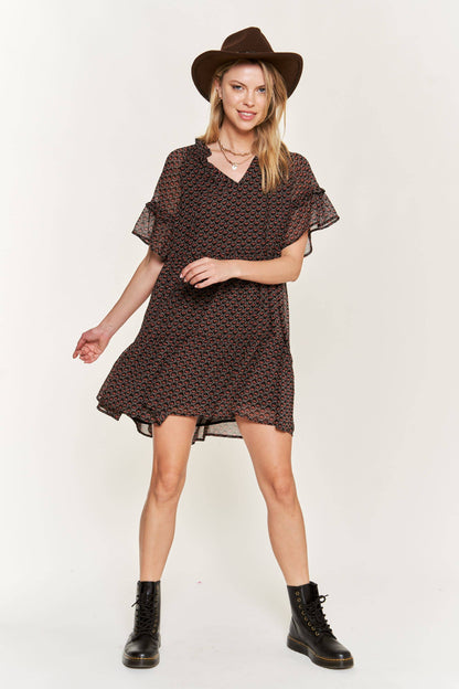 PLUS Floral Print V-Neck Mini Dress - Black