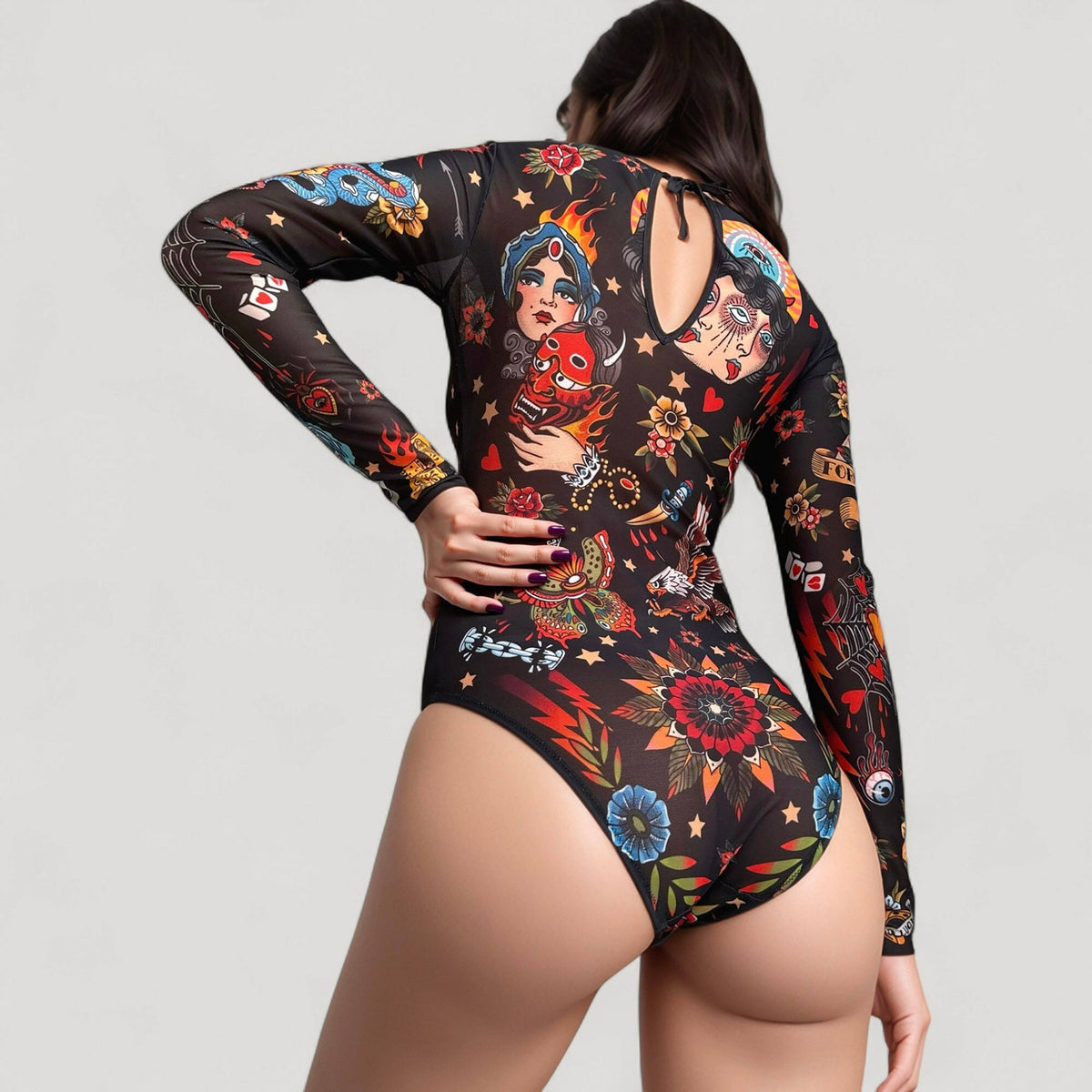 Tattoo Print Mesh Long Sleeve Bodysuit - Black