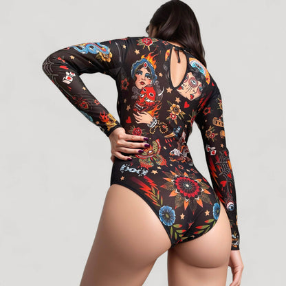 Tattoo Print Mesh Long Sleeve Bodysuit - Black