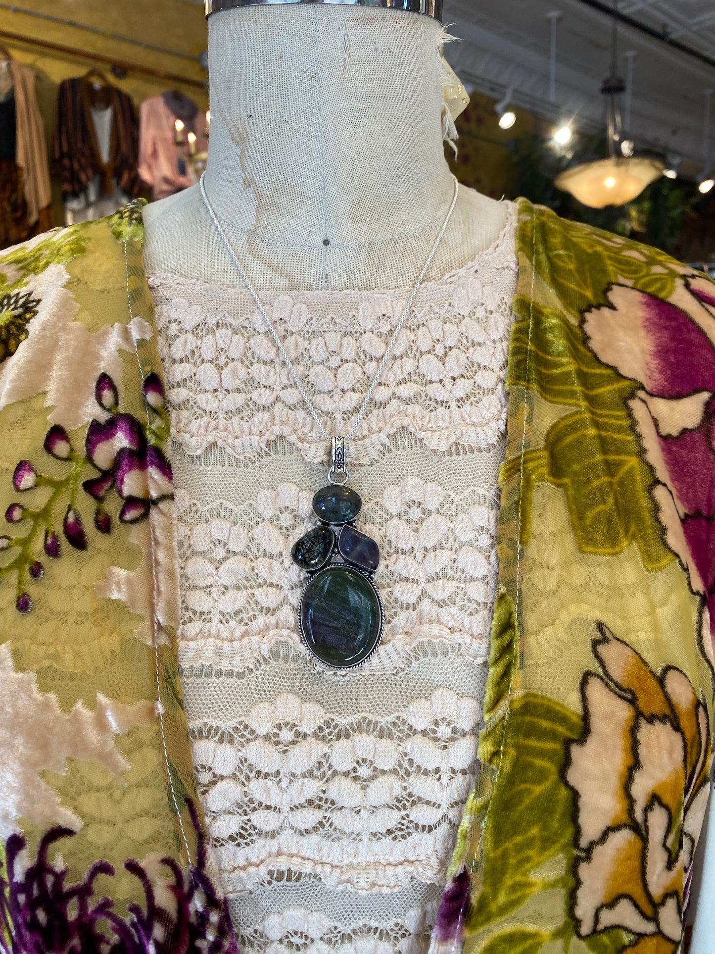 Labradorite Fluorite Black Rutilated Quartz Agate Pendant