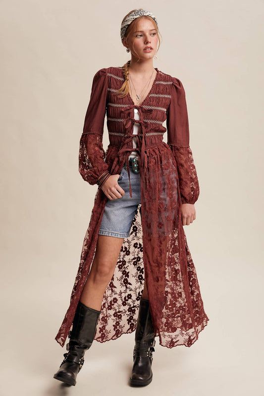 Lace-Up Embroidered Maxi Kimono - Wine