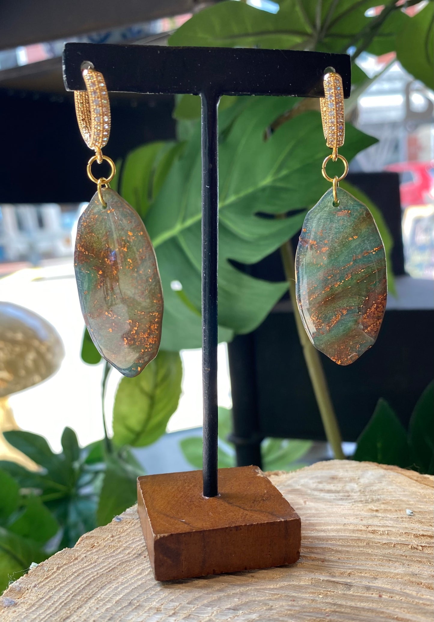 Green/Gold Shields with Crystal Hoops *E29