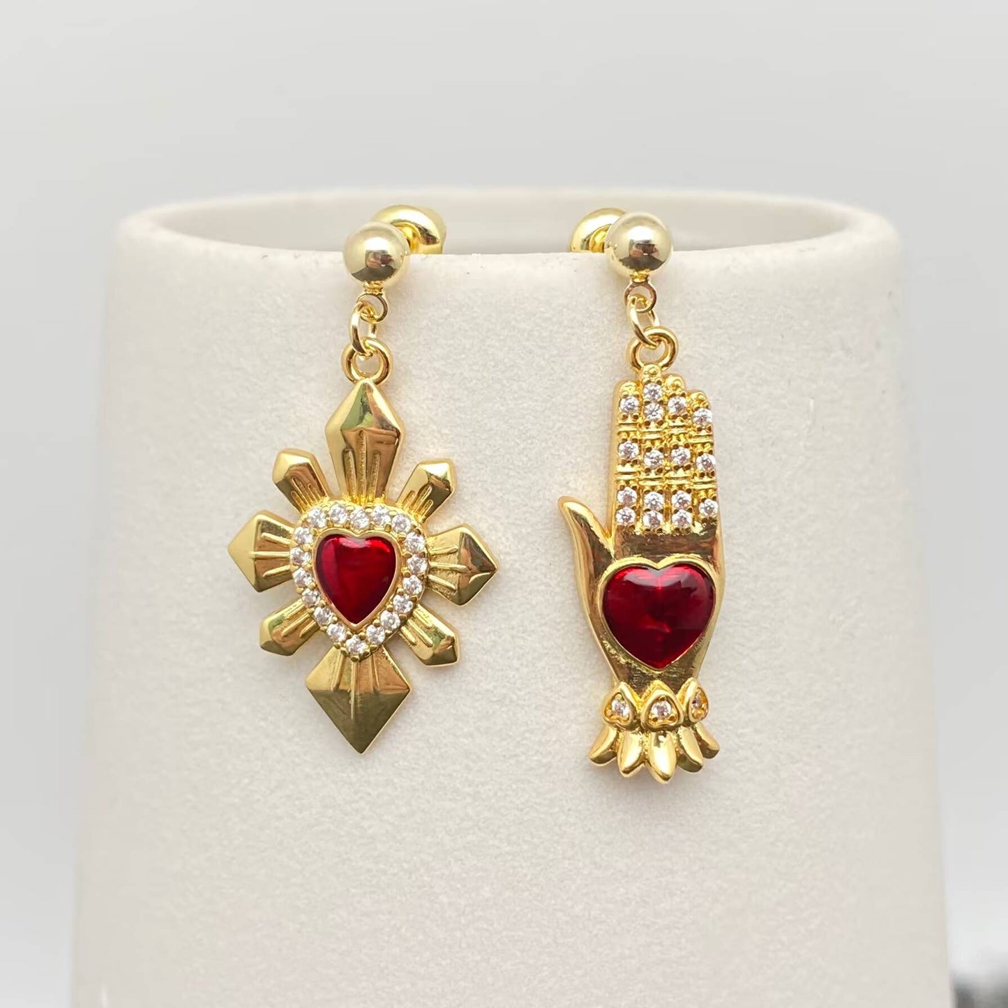Red Heart Asymmetric Palm Sunlight 14K Gold Plated Earrings
