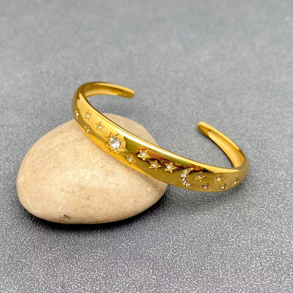 Inlaid CZ Sun Moon Star 18K Gold Plated SS Cuff - FGS/MS
