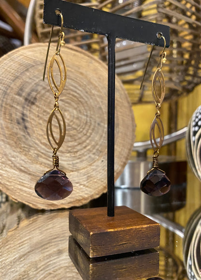 Vintage Brass Chain Earrings - Amethyst