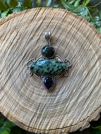 Green Jasper Smokey Quartz Amethyst Pendant