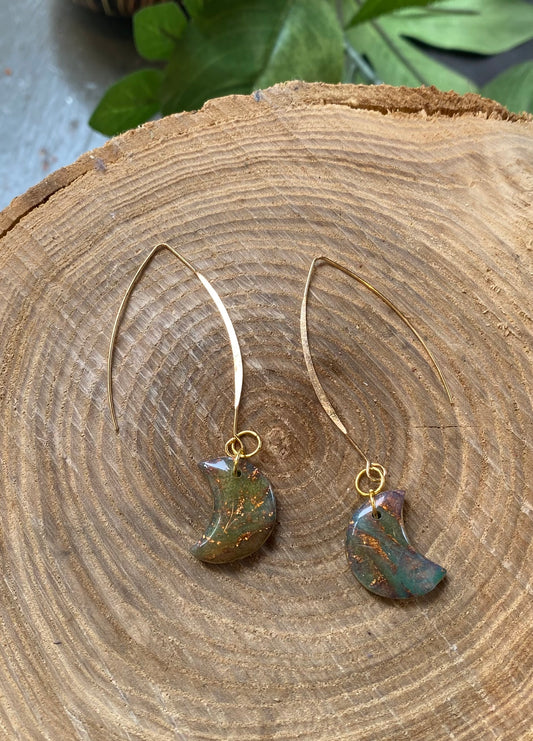Green/Gold Moon Ear Wires *E21