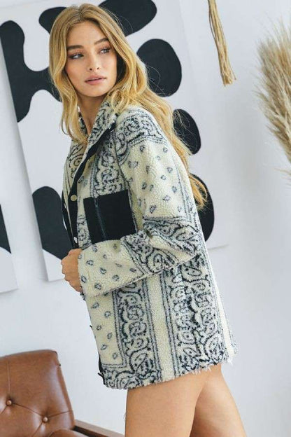 Plus Printed Front Pockets Button Down Jacket - Cream
