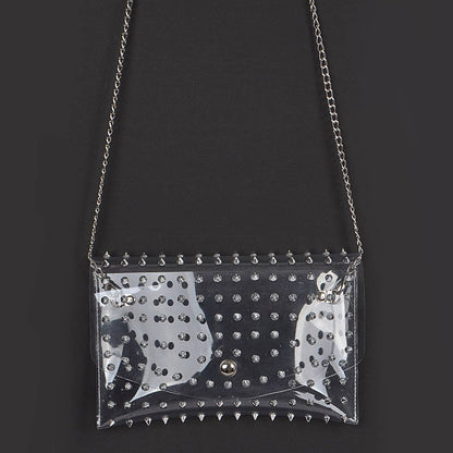 Ull Studded Cross Body Chain Strap Visible Clutch - Clear Silver