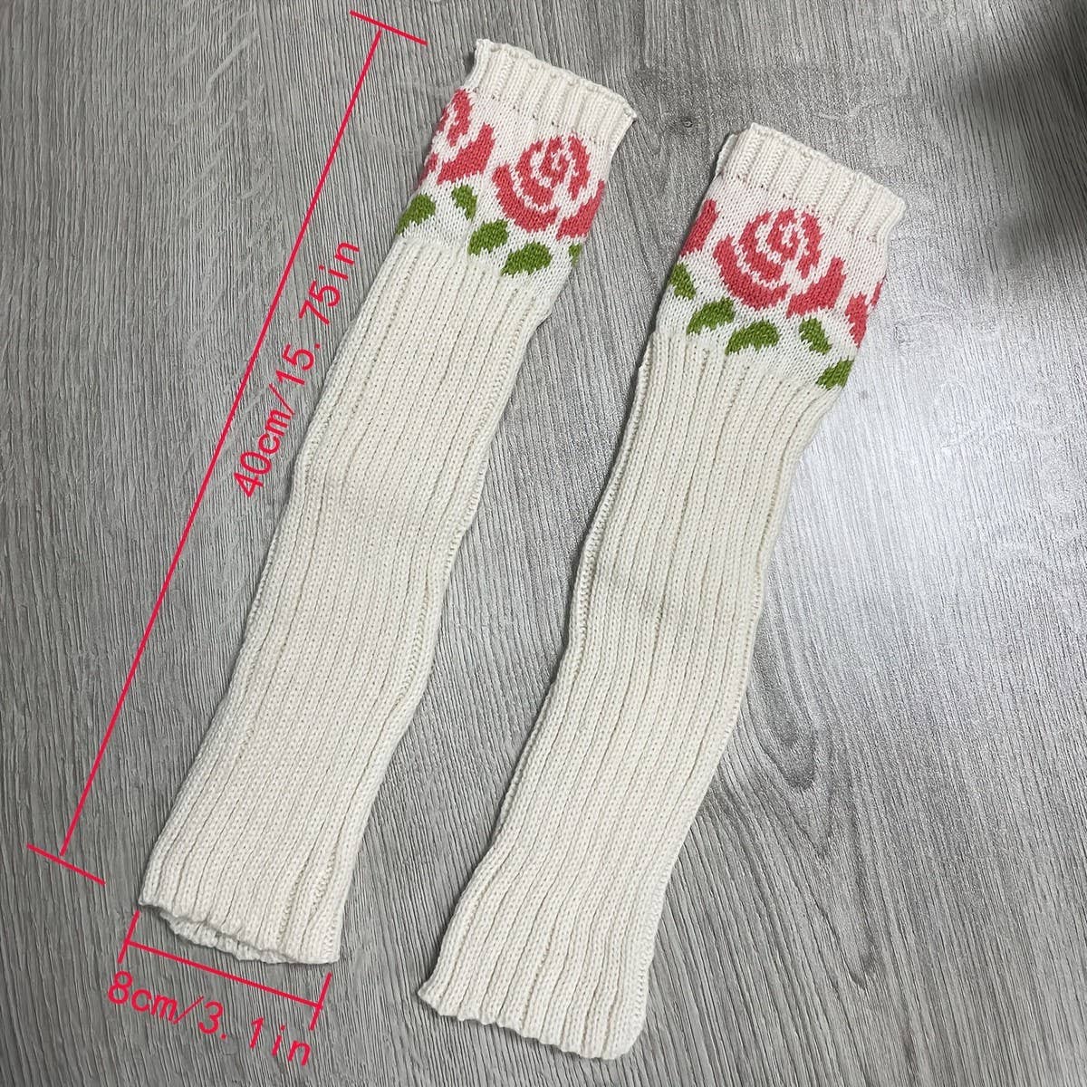 Pink Rose Knitted Jacquard Gloves-Light Apricot